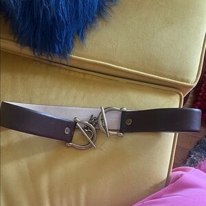 Michael Kors Dark Brown Leather Belt with Gold Horseshoe Buckle Detail